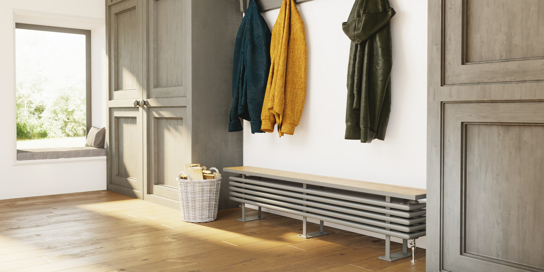 DQ Heating Bench Oak Top Horizontal Column Designer Steel Radiator