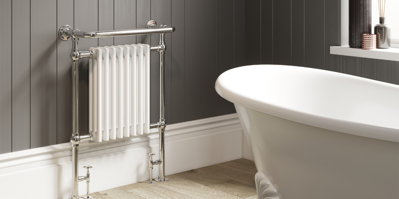 DQ Heating Croxton Floor Mounted Traditional Designer Brass Heated Towel Rail