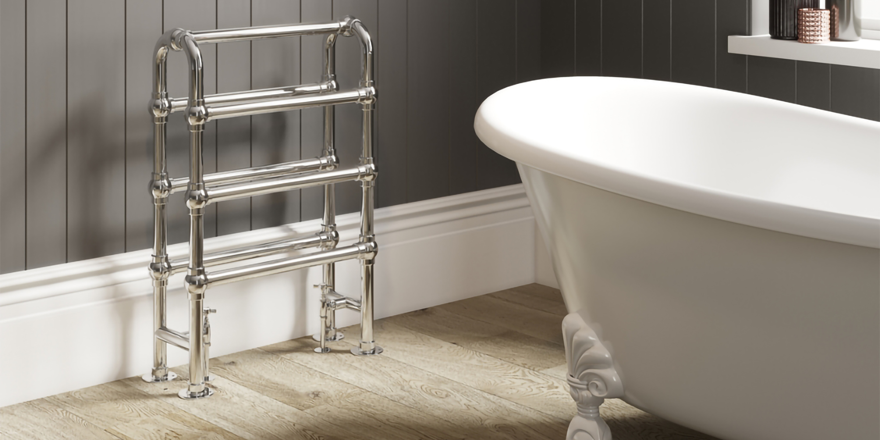 DQ Heating Hilborough Floor Mounted Traditional Designer Brass Heated Towel Rail