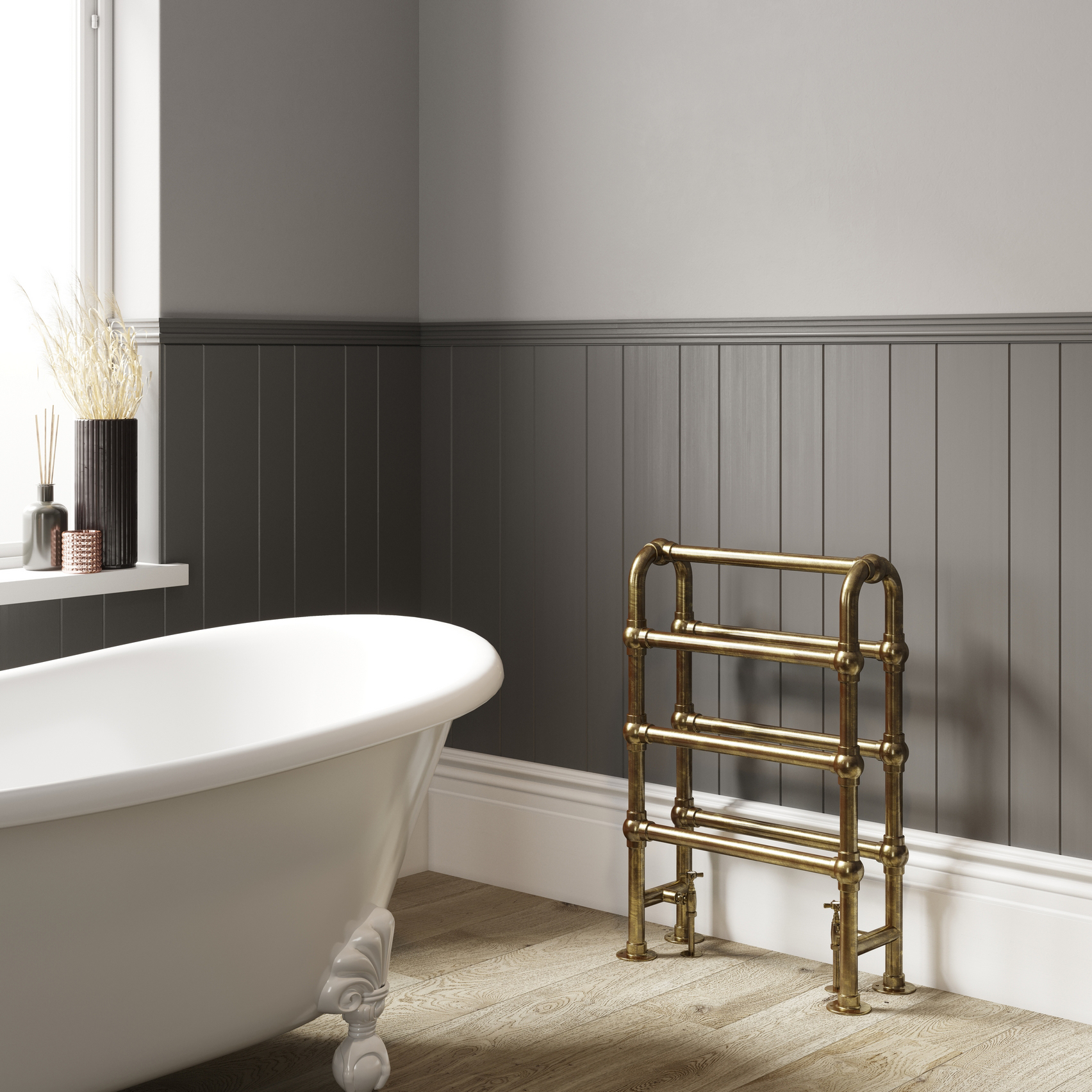 DQ Heating Hilborough Floor Mounted Traditional Designer Brass Heated Towel Rail