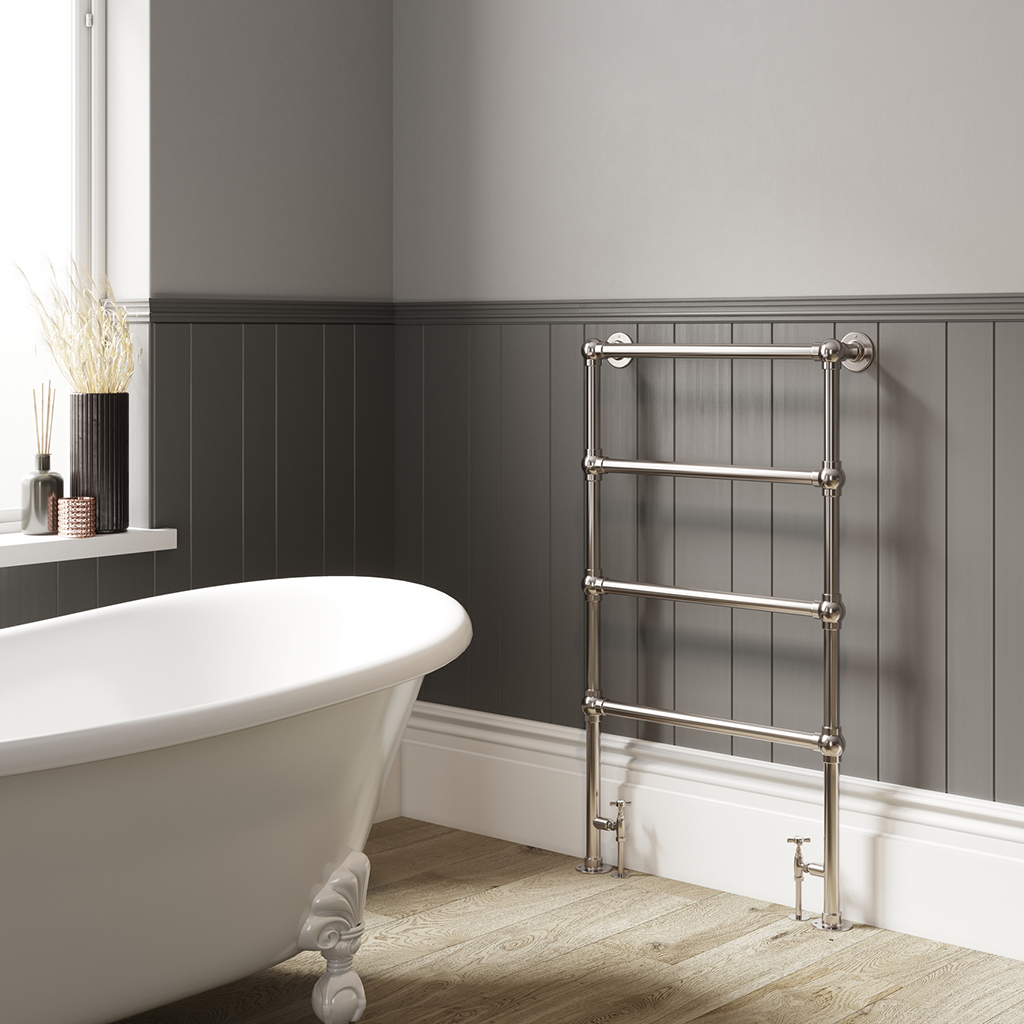 DQ Heating Methwold Floor Mounted Traditional Designer Brass Heated Towel Rail