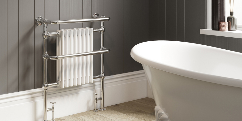 DQ Heating Old Buckenham Floor Mounted Traditional Designer Brass Heated Towel Rail