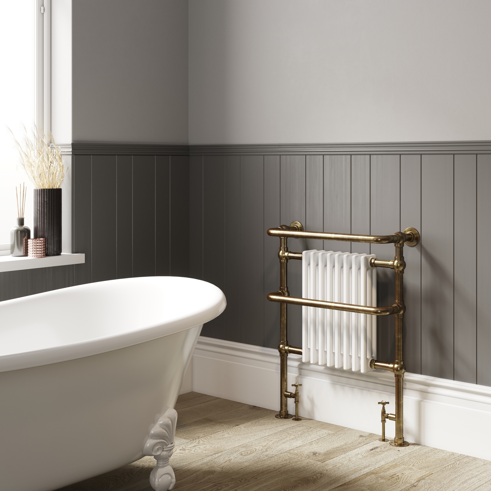 DQ Heating Old Buckenham Floor Mounted Traditional Designer Brass Heated Towel Rail